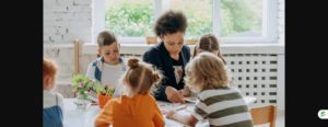Teacher working with a small group of students at a table