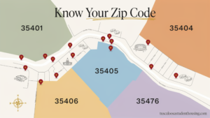 Map of Tuscaloosa college town zip codes 35401, 35404, 35405, 35406, and 35476 near the University of Alabama