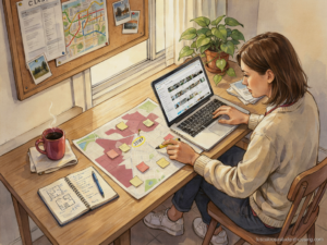 Student comparing apartment listings and a Tuscaloosa zip code map for UA campus housing