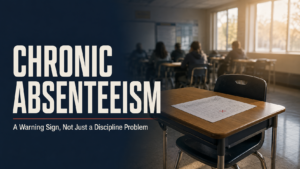 A picture of a desk with no student. The wording reads "Chronic Absenteeism" in large letters with a darker theme overall.